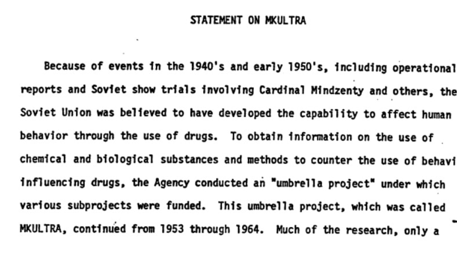 Declassified CIA statement discussing Project MKULTRA