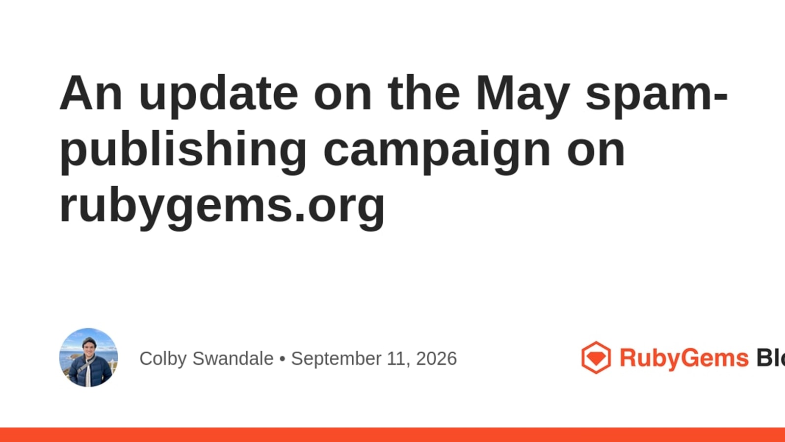 RubyGems Blog card for its September 11 update on the May spam-publishing campaign