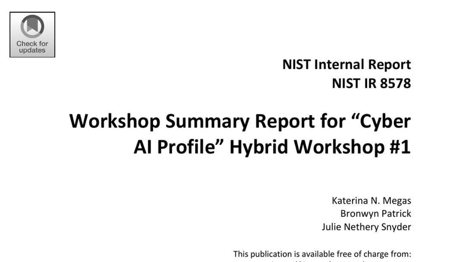 Cover of NIST IR 8578, the AI cybersecurity workshop report