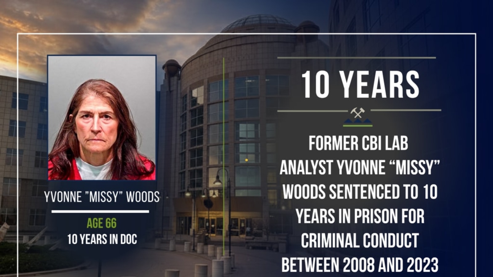 Official sentencing graphic showing Yvonne Missy Woods, a courthouse and the ten-year prison term