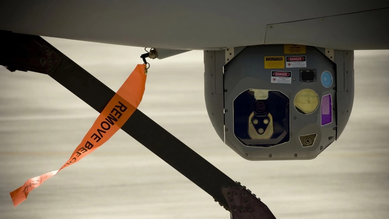 Electro-optical and infrared sensor turret on an MQ-1 Predator during a functionality check