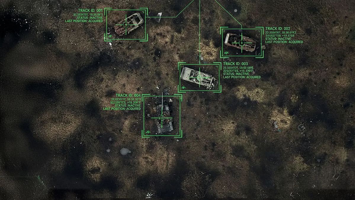 Ukraine Ministry of Defence illustration of vehicles in a snowy field with digital target markers; illustrative, not a documented model output