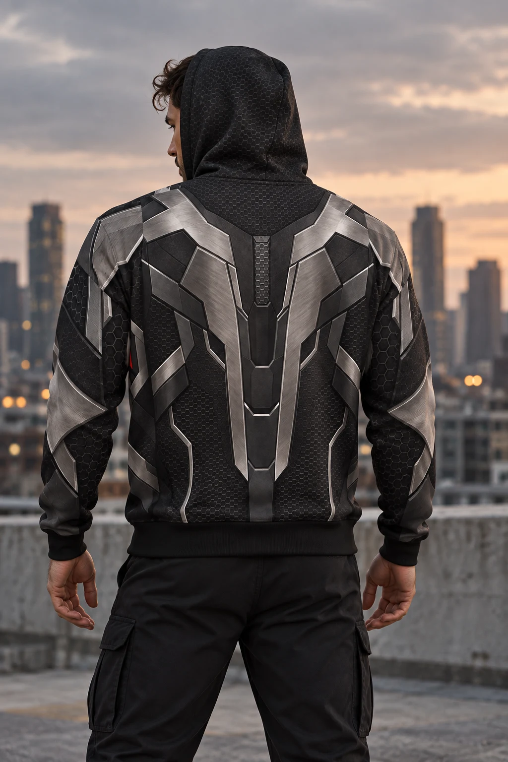 Back design visualization of Iron Vector showing the segmented silver spine, angular shoulders and dark honeycomb.