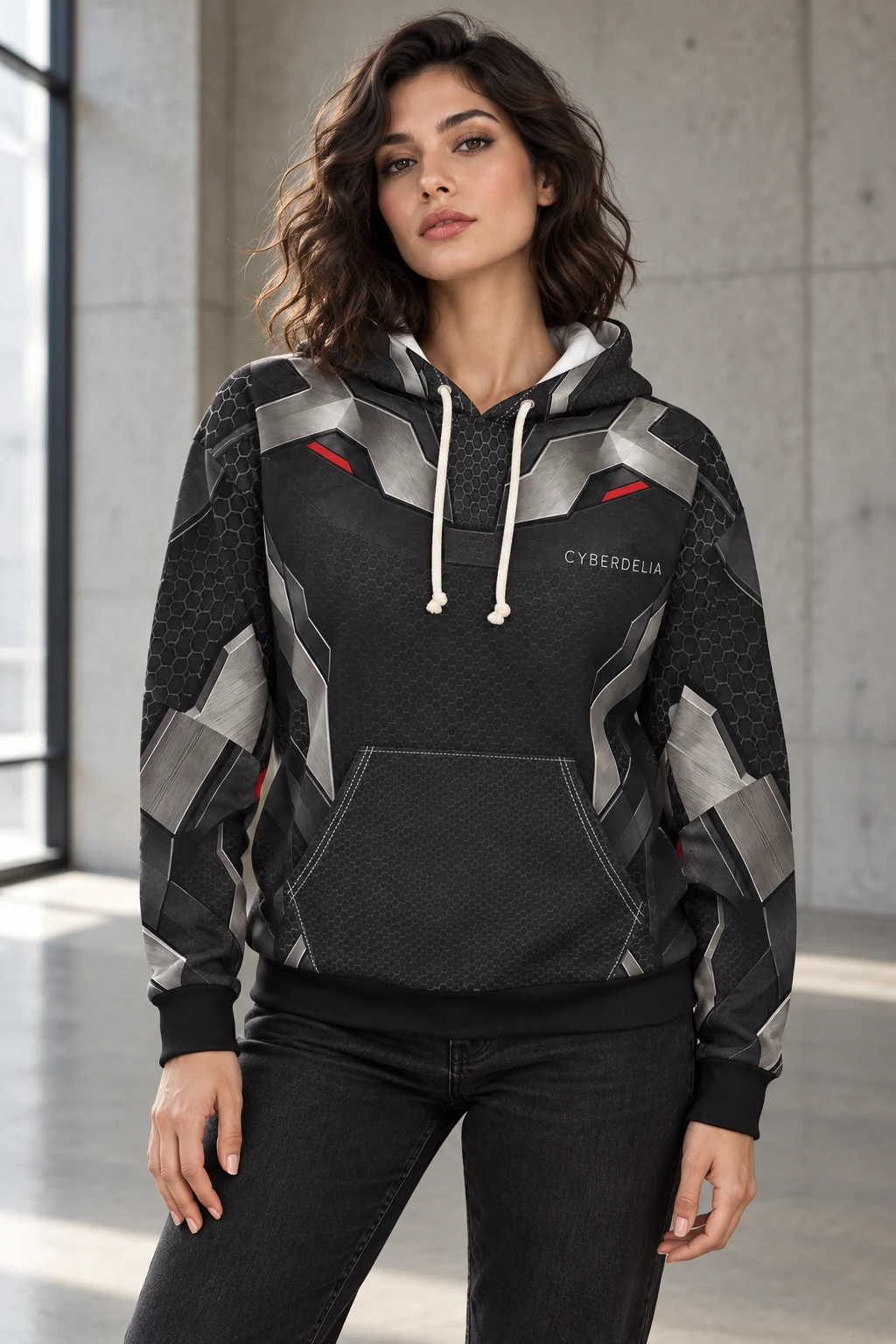 Iron Vector hoodie design visualization: silver shoulder geometry, charcoal honeycomb and small red accents on a model.