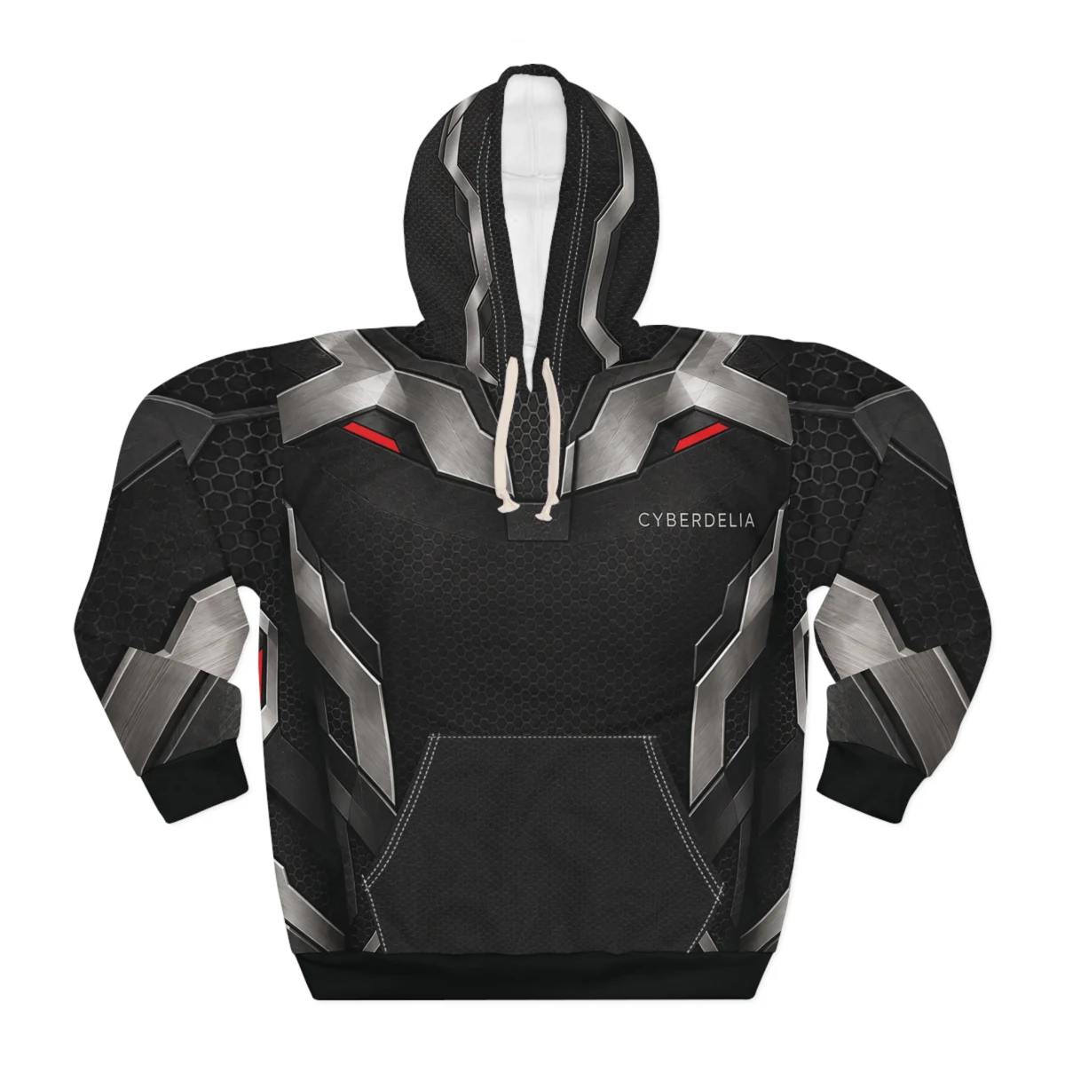 Uploaded front garment preview of the Iron Vector hoodie, with silver chest artwork, honeycomb pocket and black cuffs and hem.