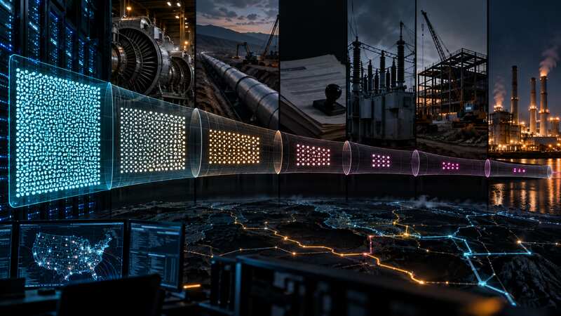 Proposed data-center power narrowing through turbines, pipelines, permits, substations and construction