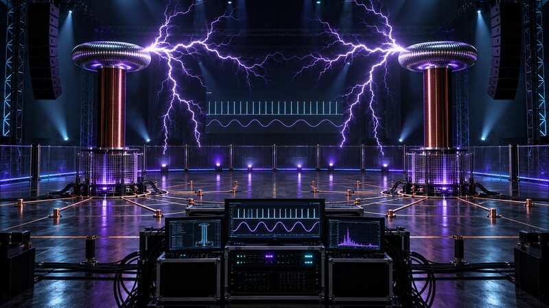 Twin Tesla coils producing controlled musical arcs through timing, resonance and high-voltage engineering
