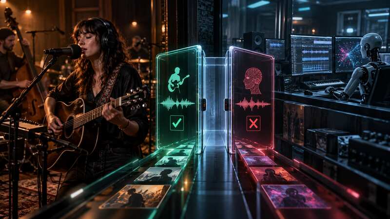 Human musical performance separated from fully synthetic primary performance at an eligibility gate
