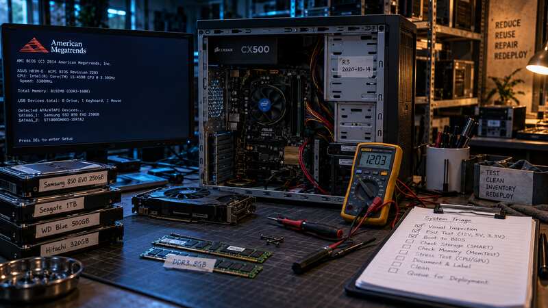 Reclaimed desktop computer undergoing baseline boot, inventory and electrical checks