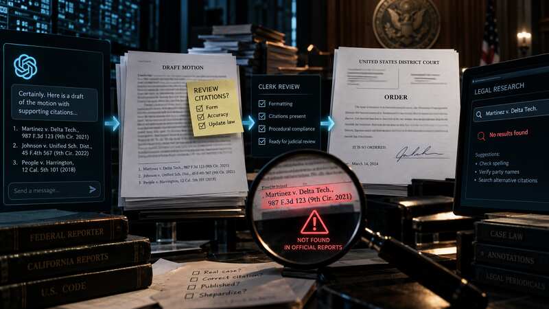 AI-generated legal draft crossing review checkpoints before a fabricated citation reaches a court order
