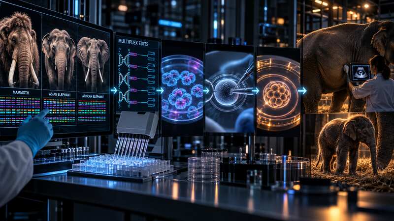 Comparative genomes, multiplex editing, stem cells, embryo culture and elephant reproduction in one engineering chain