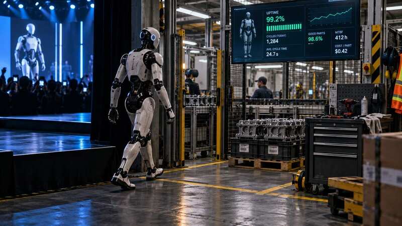 Humanoid robot moving from a demonstration stage into a measured factory work cell
