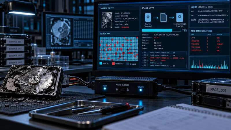 Damaged hard drive connected through a write blocker to a forensic imaging workstation