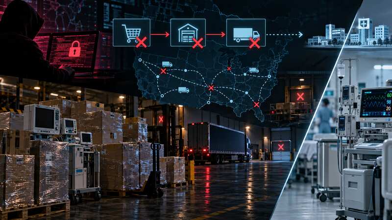 Cyber disruption propagating through medical ordering, warehouses and shipping without implying device compromise