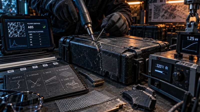 Thermoplastic equipment case undergoing material-matched hot-air welding and load testing