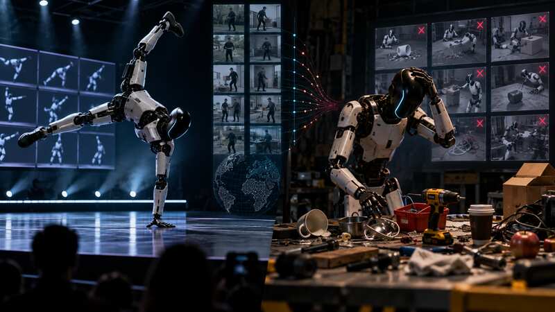 Acrobatic humanoid robot struggling with messy unscripted physical tasks and sparse training data