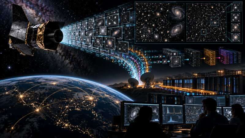 Space telescope survey data flowing into calibration, archives, compute and scientific analysis