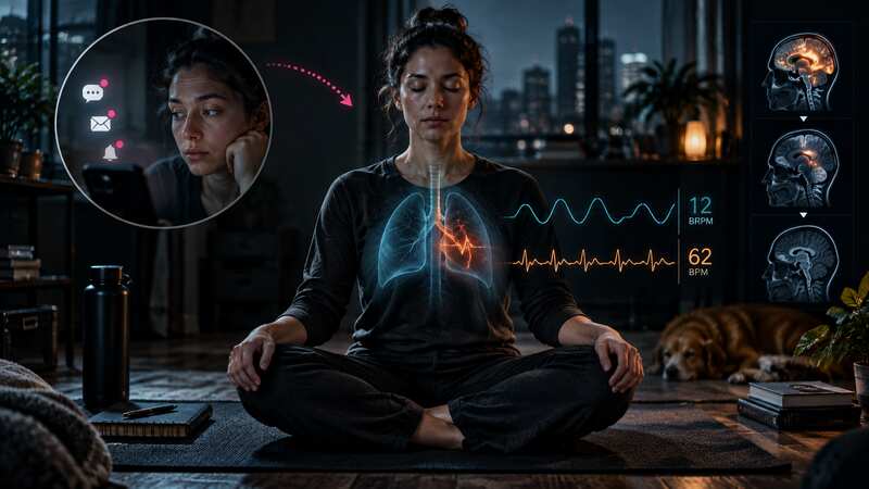 Meditation practice shown with posture, breathing, heart rate and the return of attention