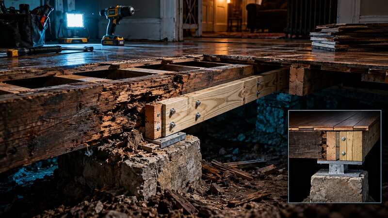 Old floor opened to expose failed bearing wood and a repaired structural load path