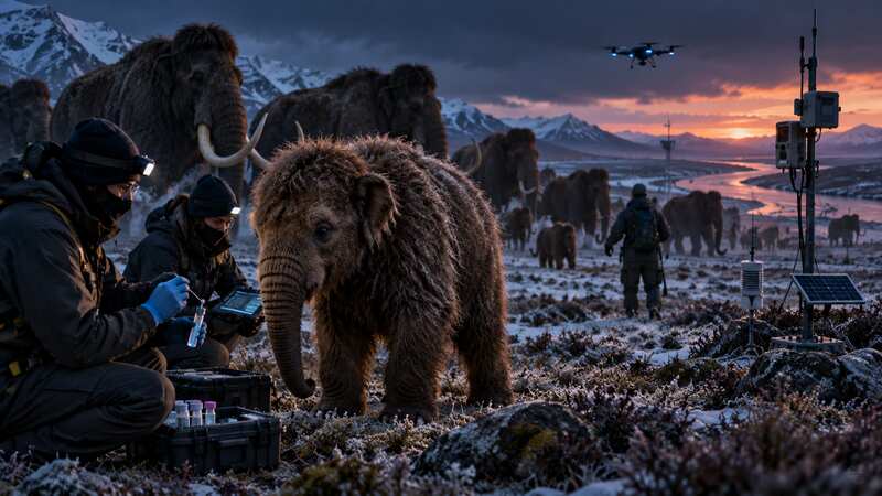 Mammoth proxy calf monitored during socialization and ecological field work on tundra