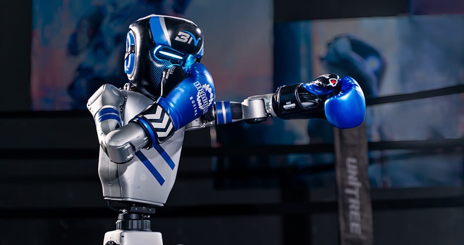 Unitree G1 robot in blue gloves extending a punch in a boxing ring