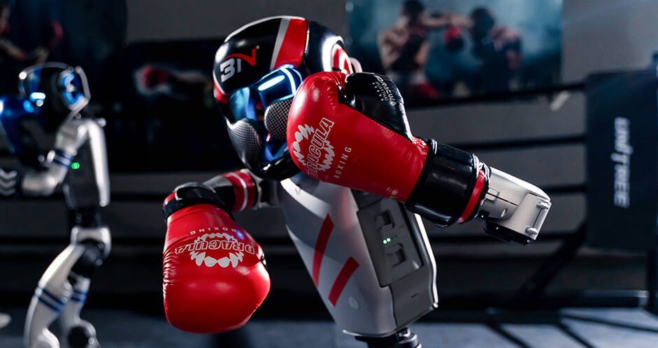 Unitree G1 robot in red gloves defending in a boxing ring