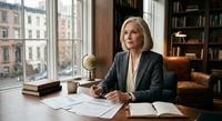 Evelyn Mercer seated at a desk reviewing financial documents